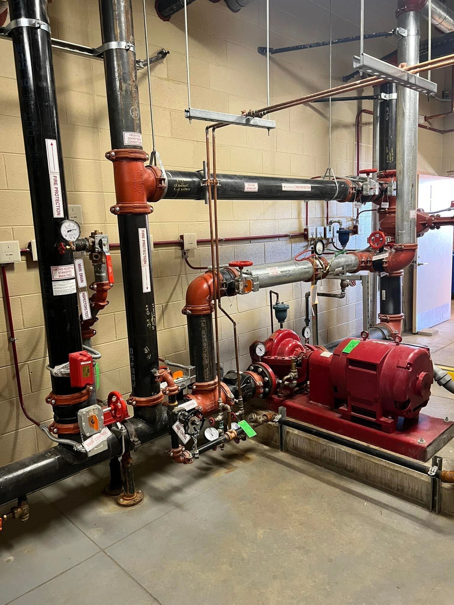 Fire pump and sprinkler system piping in a commercial building mechanical room